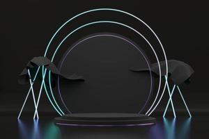Abstract black stage platform with neon light, template for advertising product, 3d rendering.