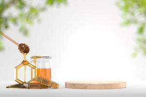 Honey syrup and wooden platform banner backdrop, 3D render photo