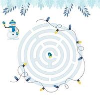 Maze game for christmas homeschooling kids. Circular maze puzzle task. Winter leisure riddle shape, search right path. vector