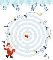 Maze game for christmas homeschooling kids. Circular maze puzzle task. Winter leisure riddle shape, search right path. vector