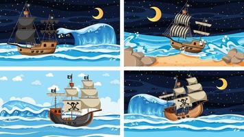 conjunto de océano con barco pirata en diferentes momentos escenas en estilo de dibujos animados vector