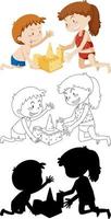 Kids building sand castle in color and in outline and silhouette vector