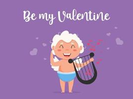 Valentine Cupid love playful angel. Cute boy or girl cupid. Flying angel love playing music on the lyre. vector