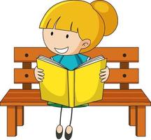 Cute girl reading book doodle cartoon character vector