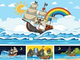 conjunto de océano con barco pirata en diferentes momentos escenas en estilo de dibujos animados vector