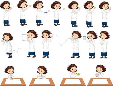 Set of a scientist girl doing different experiment vector