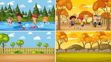 Set of different nature scenes background with many people vector