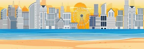 Beach horizontal scene at sunset time with city background vector