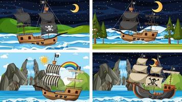 Set of Ocean with Pirate ship at different times scenes  in cartoon style vector