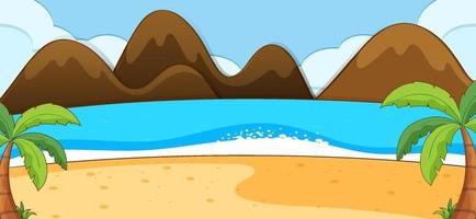 Escena de playa vacía con cocoteros y montaña en estilo simple. vector