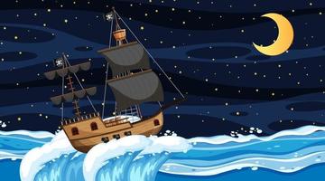 océano con barco pirata en la escena nocturna en estilo de dibujos animados