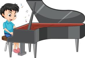 Personaje de un niño tocando el piano sobre fondo blanco. vector