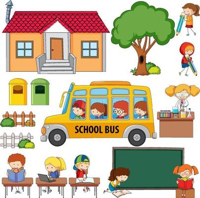 School set with many student cartoon character