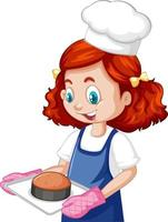 Chef girl wearing chef hat holding baking tray vector