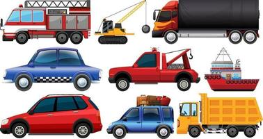 Conjunto de diferentes tipos de automóviles y camiones aislado sobre fondo blanco. vector