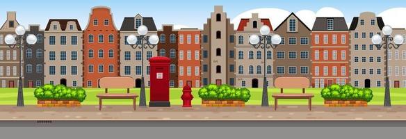 Street horizontal scene at day time with many buildings background vector