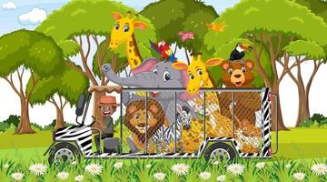 Zoo scene with happy animals in the cage car vector