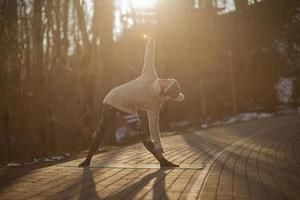 A young athletic woman performs yoga and meditation exercises outdoors photo