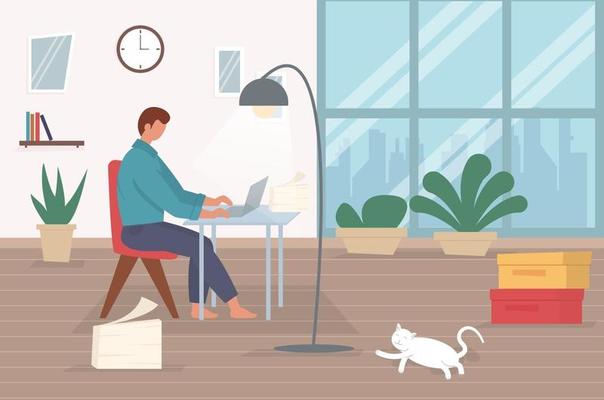 Freelance character working at home, work from home, self employed, home office, work at home, freedom conceptual vector illustration.