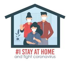 Me quedo en casa, campaña de concienciación en las redes sociales y familia de prevención del coronavirus que se quedan juntos en casa. vector