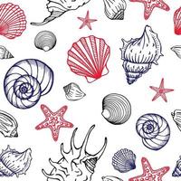 Seamless pattern with seashells and starfishes. Marine background.  Hand drawn vector illustration in sketch style. Perfect for greetings, invitations, coloring books, textile, wedding and web design.