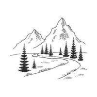 Road to mountains. Landscape black on white background. Hand drawn rocky peaks in sketch style. Vector illustration.