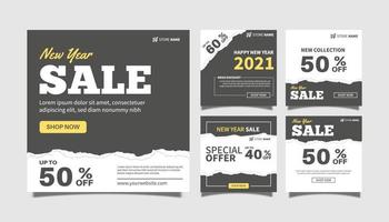 Creative vector modern happy new year sale social media post template banner collection. online web promotion. torn paper style design vector