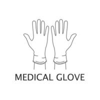 Medical latex gloves on the hands along the contour. Protection against viruses and bacteria. Sign, symbol, icon on a white background. Vector flat style with text