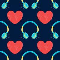 Vector seamless pattern with headphones and heart, background music