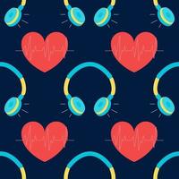 Vector seamless pattern with headphones and heart, background music