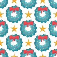 Seamless pattern of Christmas wreaths with red bow and stars on white background, vector flat style