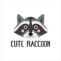 Vector image of a cute raccoon face with an inscription on a white background, flat style. Logo, icon