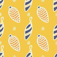 Seamless pattern of colored Christmas toys with a white outline on a yellow background with snowflakes, vector flat Christmas picture