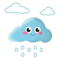 Illustration of a cheerful blue cloud with rain on a white background, vector flat style