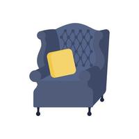 Blue upholstered chair with armrests with a yellow pillow in a flat style, vector illustration on a white background