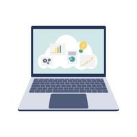 Vector illustration of a laptop with cloud storage on the screen. All files in one, security. White background