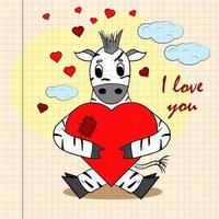 Color childrens illustration with little zebra hugging heart vector