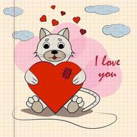 Color childrens illustration with little kitten hugging heart with I love you vector