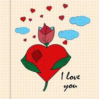 Color childrens illustration little flower with heart with I love you drawn on a notebook in the box vector