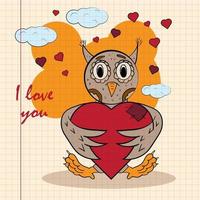 color childrens illustration with little owl hugging heart with I love you vector