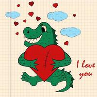 Color childrens illustration with little crocodile hugging heart with I love you vector