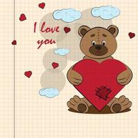 Childrens illustration with little bear hugging heart with I love you drawn on a notebook in the box vector