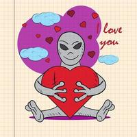 Color childrens illustration with little alien hugging heart with I love you drawn on a notebook in the box vector