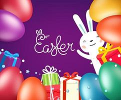 Happy Easter greeting card template with eggs and cute rabbit vector