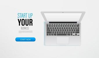 Start up your business promo landing page template with laptop and sample text. Top view vector layout