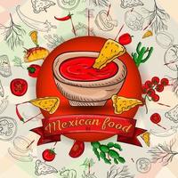 Ilustración 1 de productos de cocina mexicana en un adorno circular de contornos y diseño de ingredientes de colores para fondos y pegatinas vector