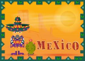 paisaje desierto mexicano enmarcado bigotudo mexicano en un poncho y sombrero vector