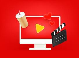Video entertainment vector concept. Modern computer monitor on red background