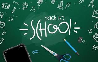 School chalkboard with different objects and lettering logo. Welcome back to school vector card