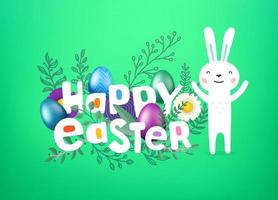 Happy Easter vector cover. Greeting card with comic style text and cute rabbit